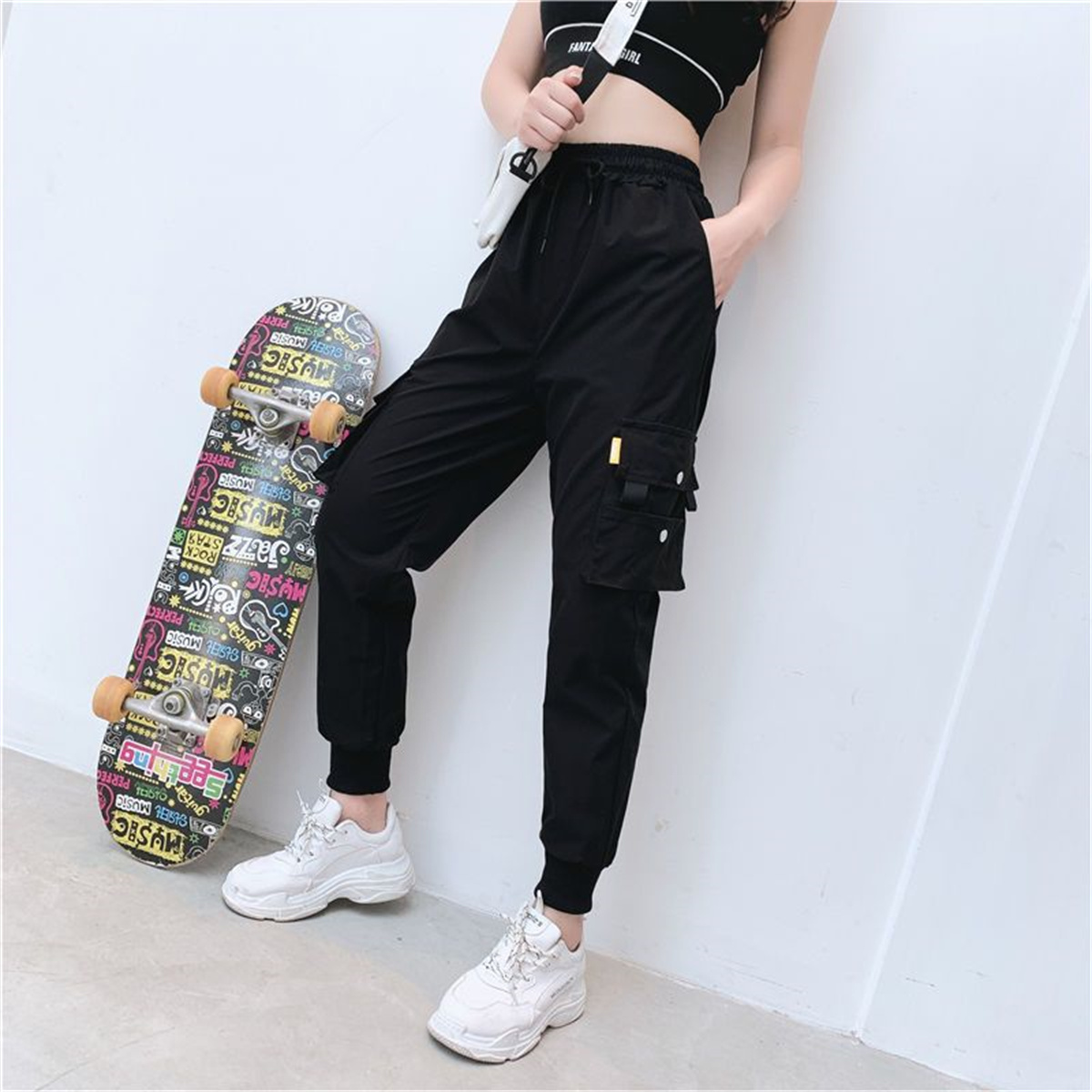 Women Shoes Joggers - Czarne Spodnie Cargo Kobiety Dorywczo Joggery